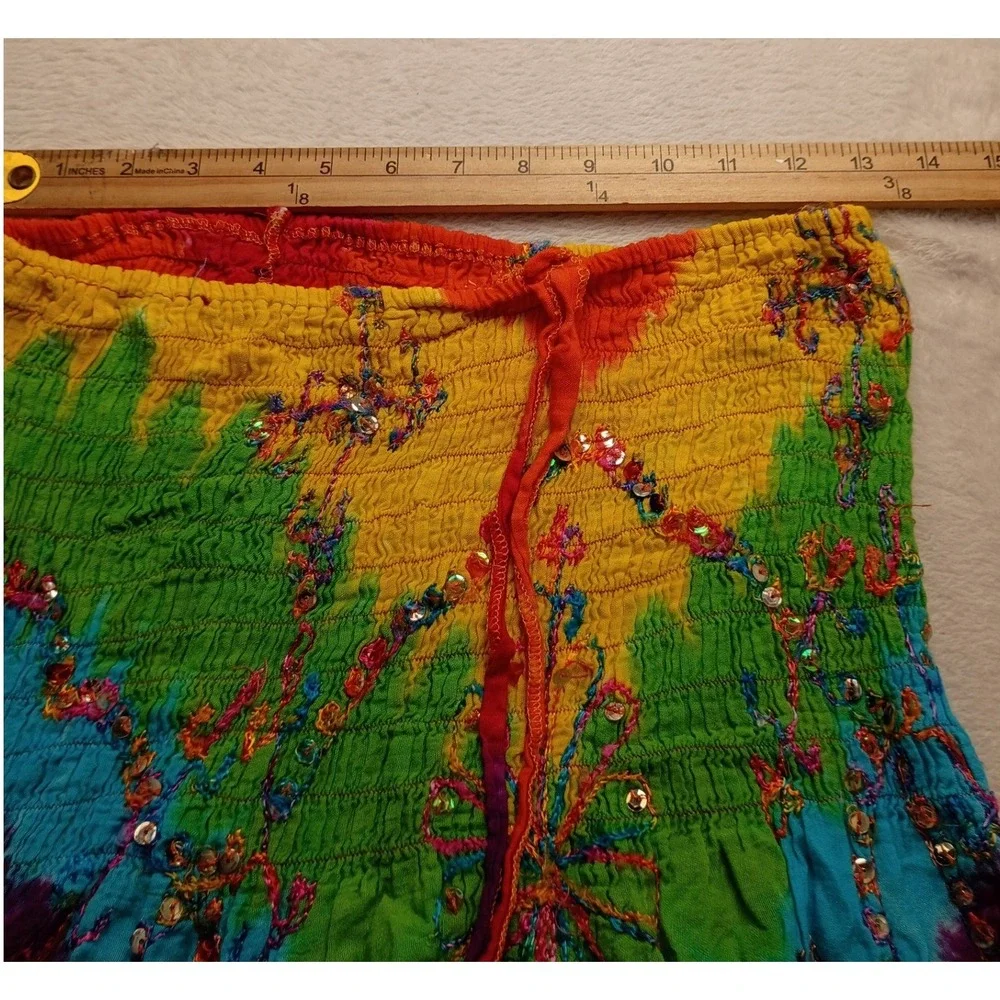 Boho Rainbow Tie Dye Smocked Sequin Embroidered Maxi Skirt Festival Dress NWOT